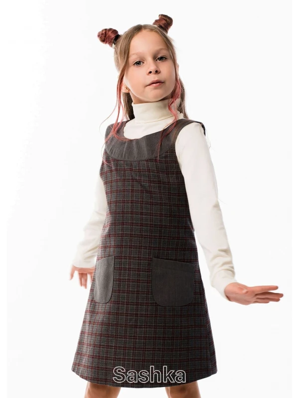 Сарафан для дівчинки Sashka шкільний сіро-бордова клітинка (напіввовна), розмір 116-146